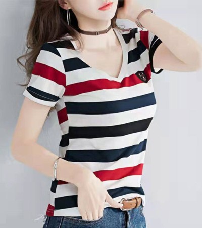 100%全棉韩国新款时尚女士全棉短袖条纹T恤女士修身大码V领半袖T恤夏季上衣